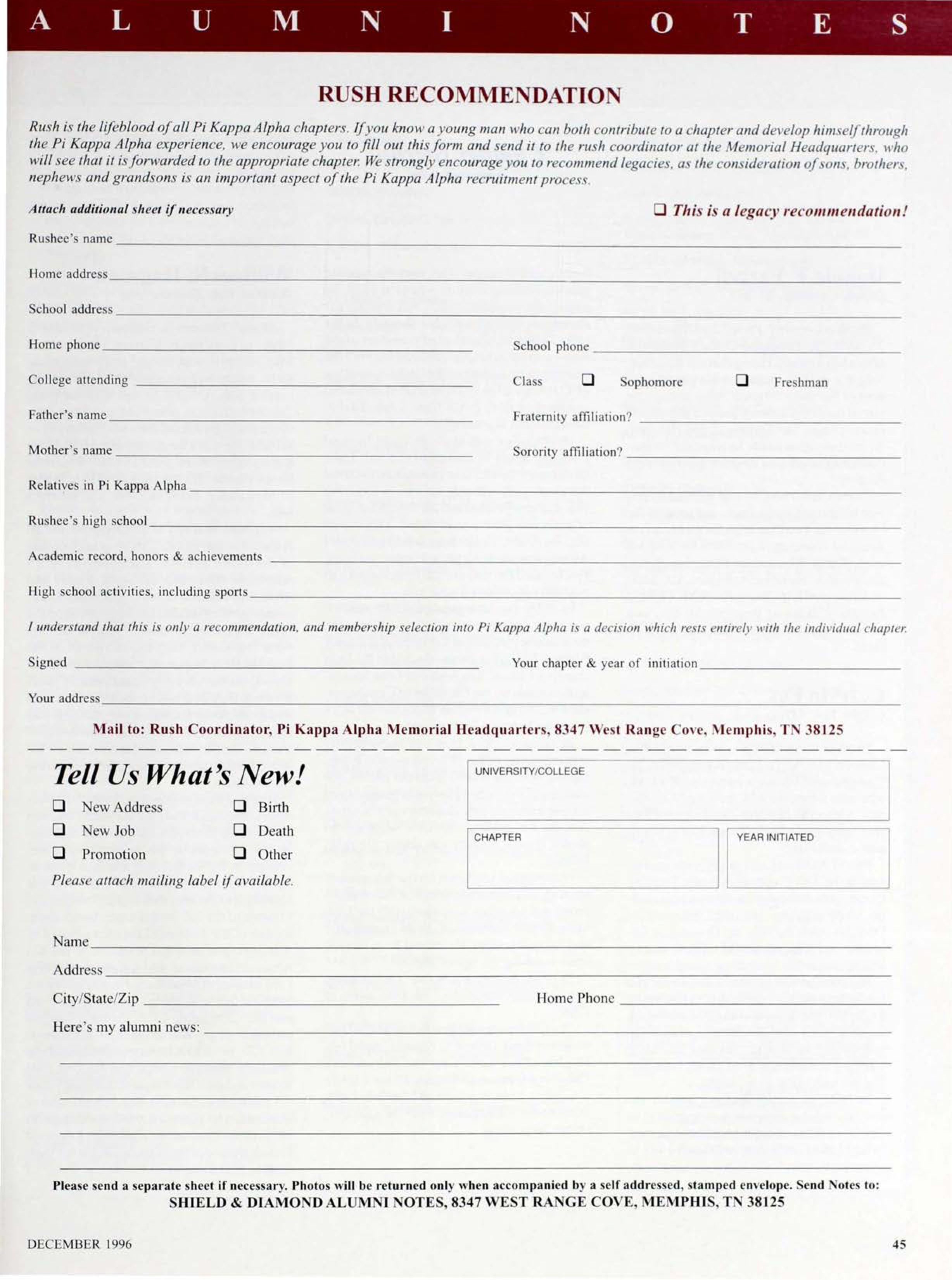 Rush Recommendation, December 1996